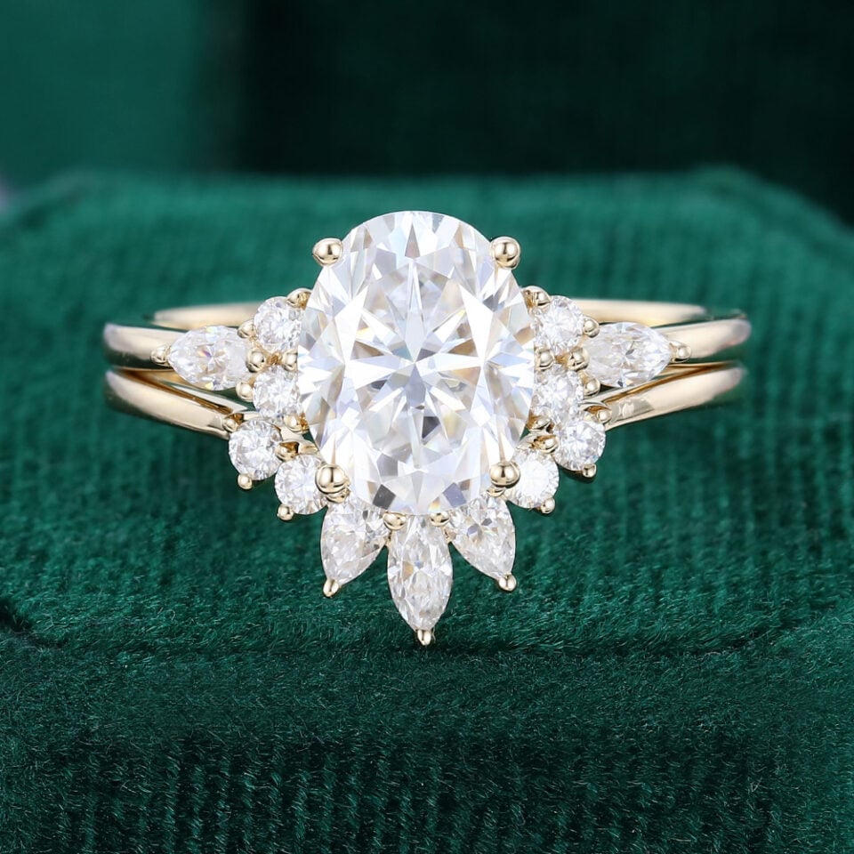 3ct Oval Cut Moissanite Engagement Ring Set Art Deco Bridal Ring Set