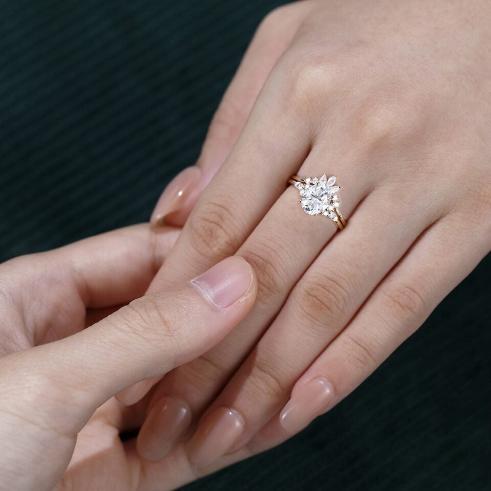 3ct Oval Cut Moissanite Engagement Ring Set Art Deco Bridal Ring Set