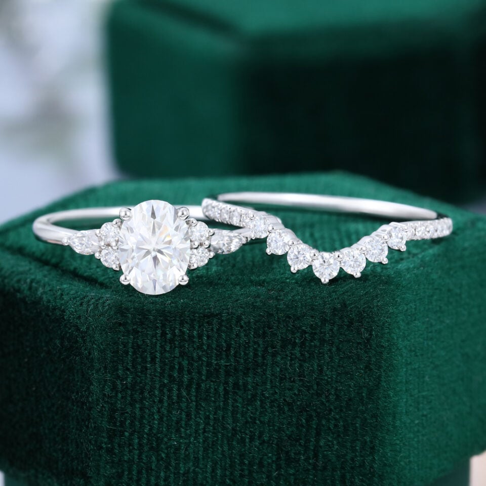 Oval Cut Moissanite Half Cluster Bridal Ring Set In White Gold