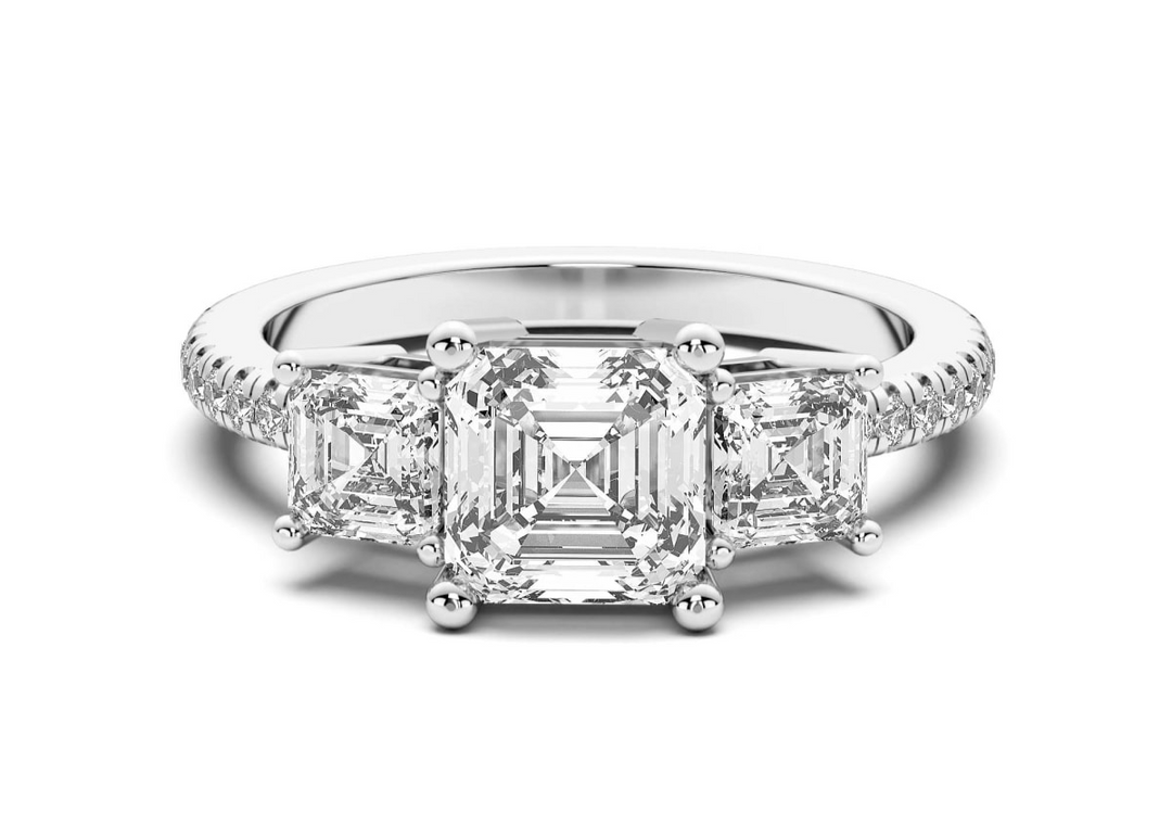 Three Stone Accented Asscher Cut 2.00 Ct Center Engagement Ring Moissanite