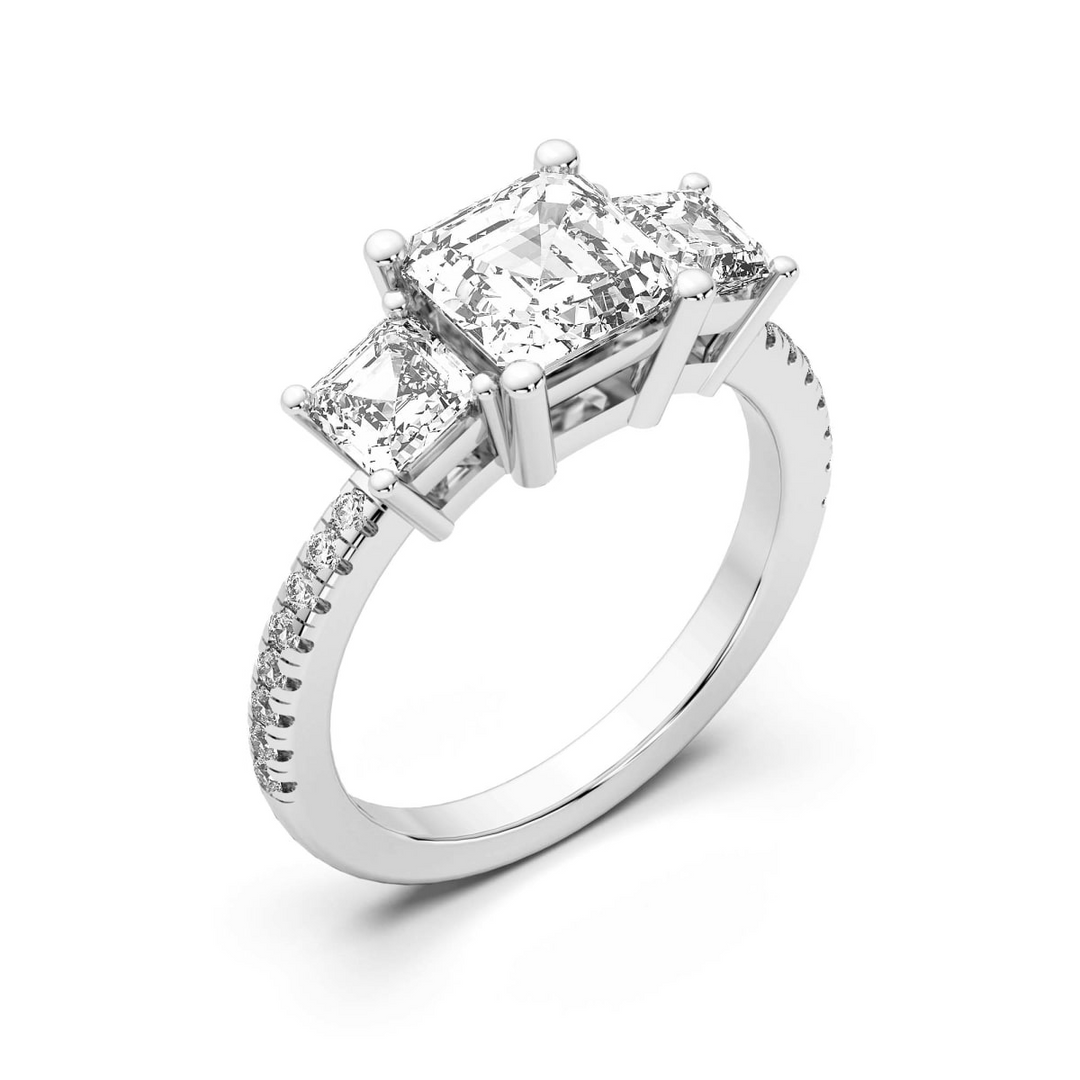 Three Stone Accented Asscher Cut 2.00 Ct Center Engagement Ring Moissanite