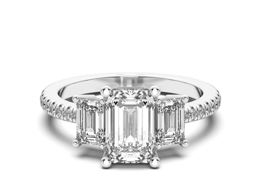 Three Stone Accented Emerald Cut 1.00 Ct Center Engagement Ring