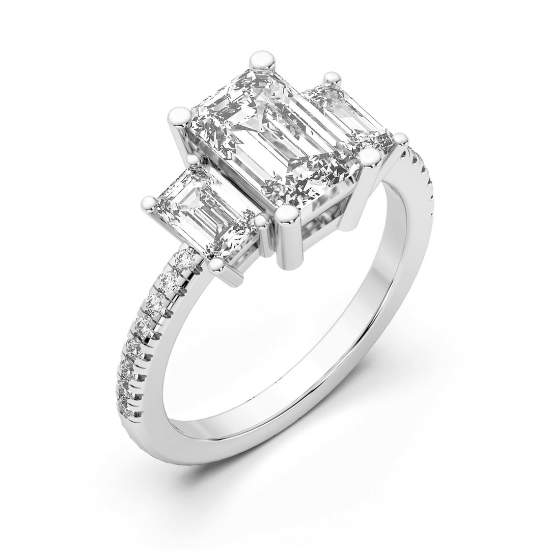 Three Stone Accented Emerald Cut 1.00 Ct Center Engagement Ring