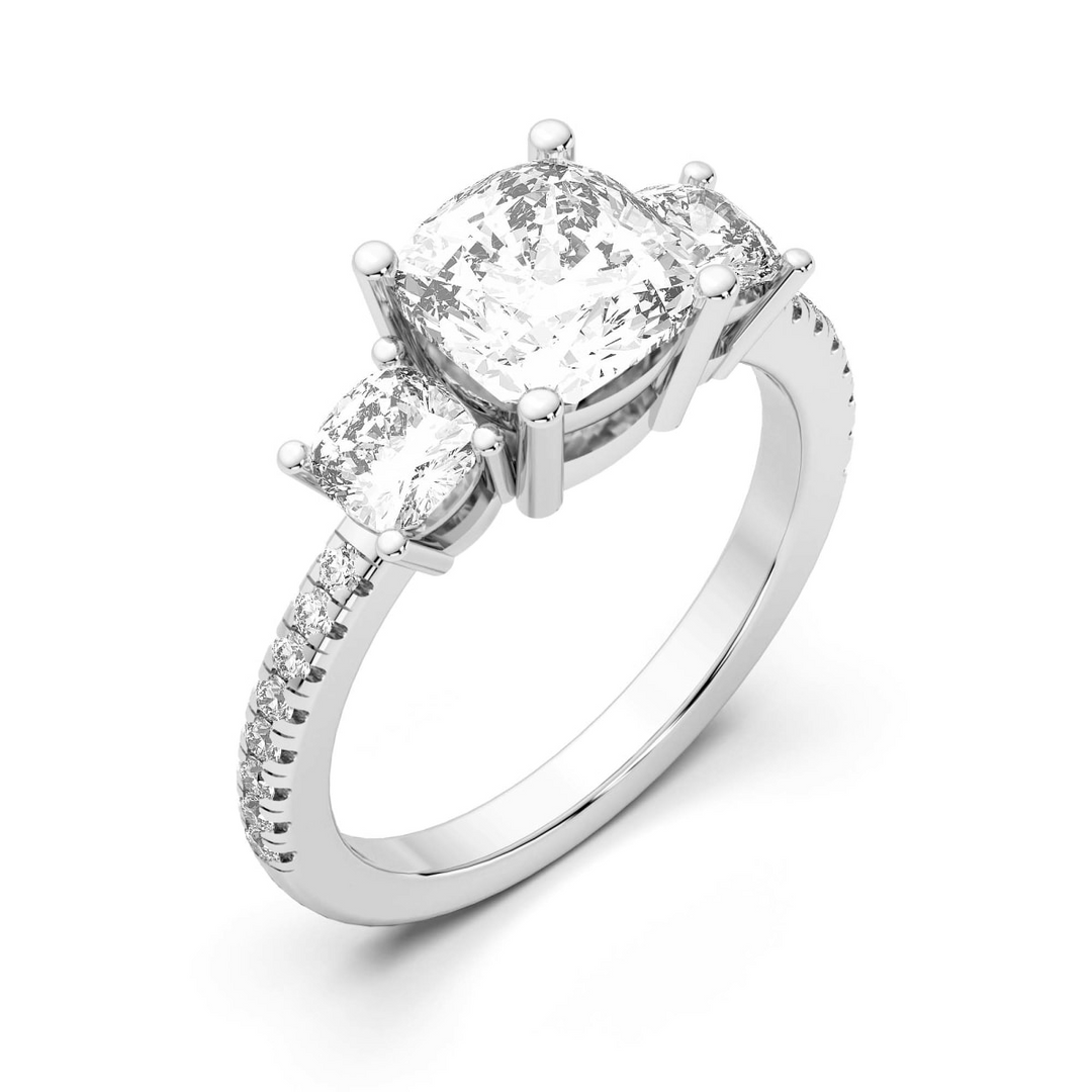 Three Stone Accented Cushion Cut 2.00 Ct Center Engagement Ring Moissanite