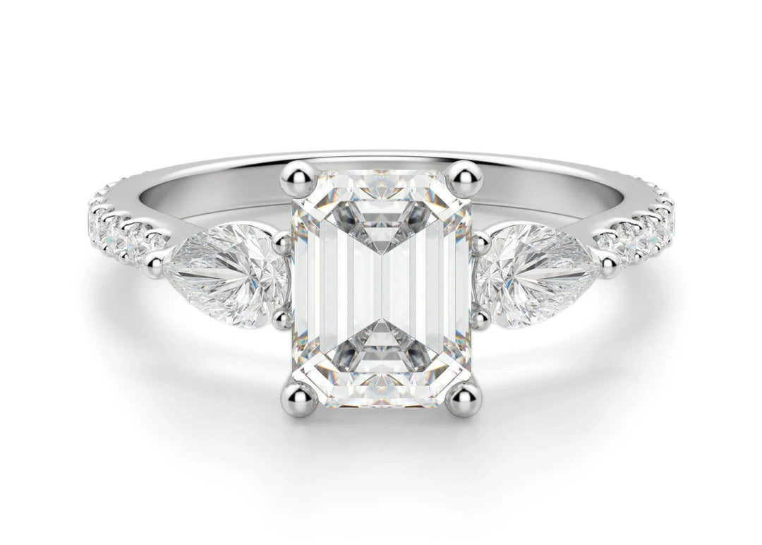 Pear Side Stone Accented Emerald Cut 1.00 Ct Center Engagement Ring Moissanite