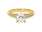 Load image into Gallery viewer, A double pave set cathedral moissanite engagement ring with a 1.00 ct center stone and smaller round-cut side stones set in a gold band.