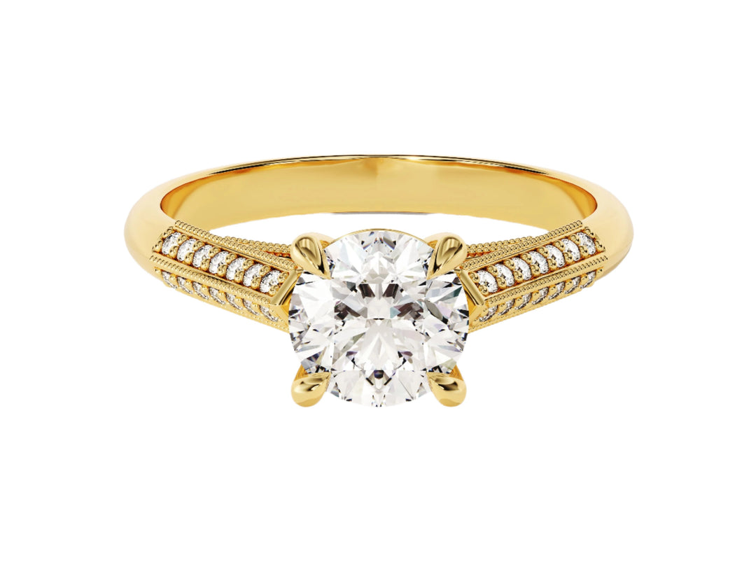A double pave set cathedral moissanite engagement ring with a 1.00 ct center stone and smaller round-cut side stones set in a gold band.