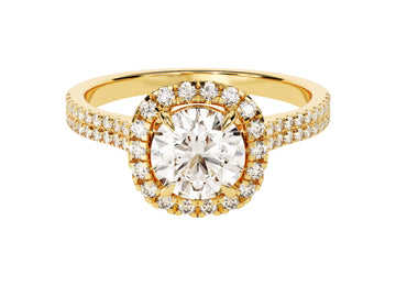 A double pave shank halo moissanite engagement ring with a 1.00 ct center stone, featuring a gold band and accent stones set in a white gold band.