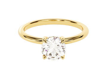 A gold-colored round moissanite engagement ring with a hidden halo design, featuring smaller stones beneath the center stone.