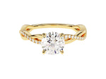 Load image into Gallery viewer, A gold twist moissanite engagement ring with a round center stone and 20 side stones.