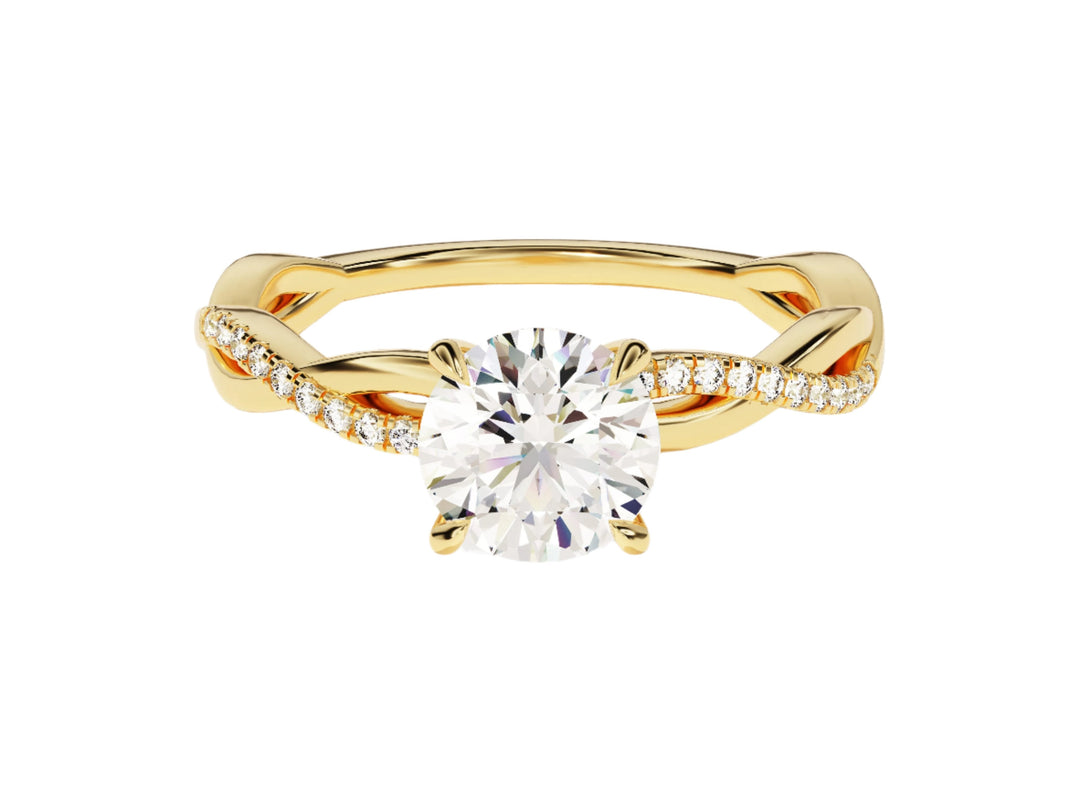 A gold twist moissanite engagement ring with a round center stone and 20 side stones.