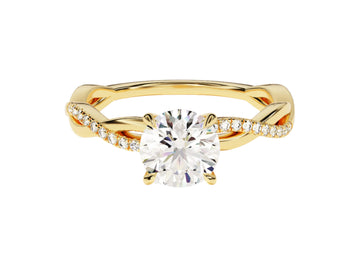 A gold twist moissanite engagement ring with a round center stone and 20 side stones.