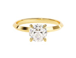 Load image into Gallery viewer, A knife edge round moissanite engagement ring with a 1.00 ct center stone, displayed on a white band.