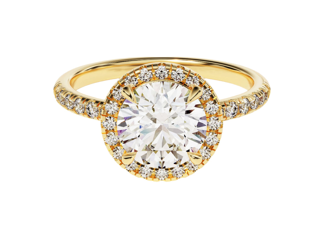 A round cut moissanite ring with a halo design, featuring a larger center stone surrounded by smaller accent stones set in a gold band.
