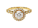 Load image into Gallery viewer, A round halo engagement ring with marquise sidestones, featuring a central moissanite diamond, surrounded by smaller round and marquise cut sidestones, set in a gold band.