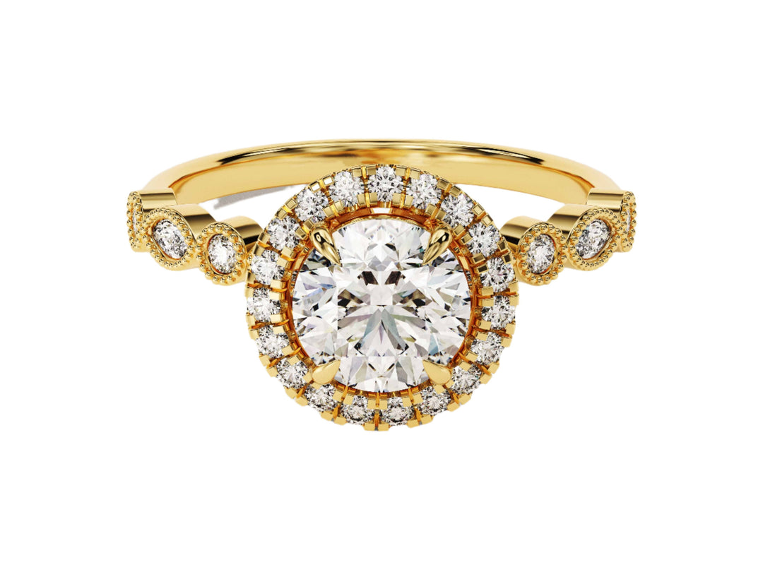 A round halo engagement ring with marquise sidestones, featuring a central moissanite diamond, surrounded by smaller round and marquise cut sidestones, set in a gold band.