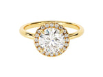 Load image into Gallery viewer, A round halo moissanite engagement ring with a 1.50 ct center stone, encircled by a halo of smaller moissanite stones, set in a gold band.