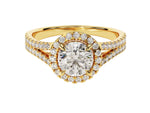 Load image into Gallery viewer, A split double band halo moissanite engagement ring with a round-cut center stone surrounded by smaller moissanites, set in a gold band.