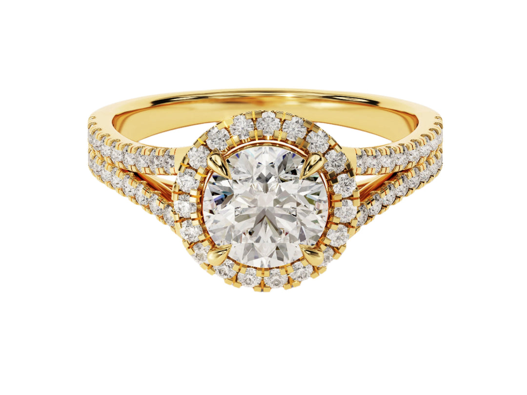 A split double band halo moissanite engagement ring with a round-cut center stone surrounded by smaller moissanites, set in a gold band.