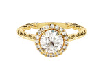 Load image into Gallery viewer, A twisted halo moissanite engagement ring with a 1.00 ct center stone, featuring a gold band and accent stones set in a white gold band.
