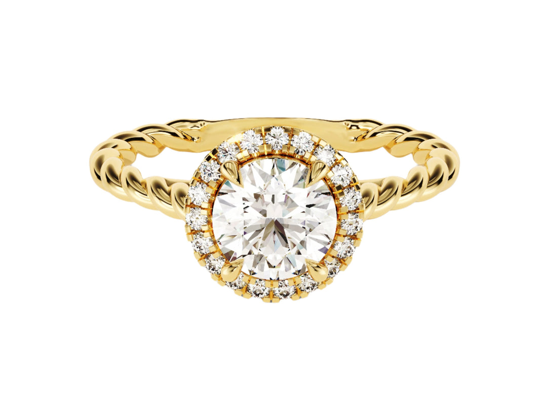 A twisted halo moissanite engagement ring with a 1.00 ct center stone, featuring a gold band and accent stones set in a white gold band.
