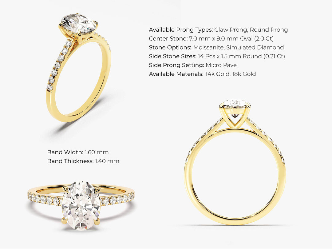Cathedral Oval Cut Moissanite Engagement Ring With Pave Set Side Stones (2.00 Ct)