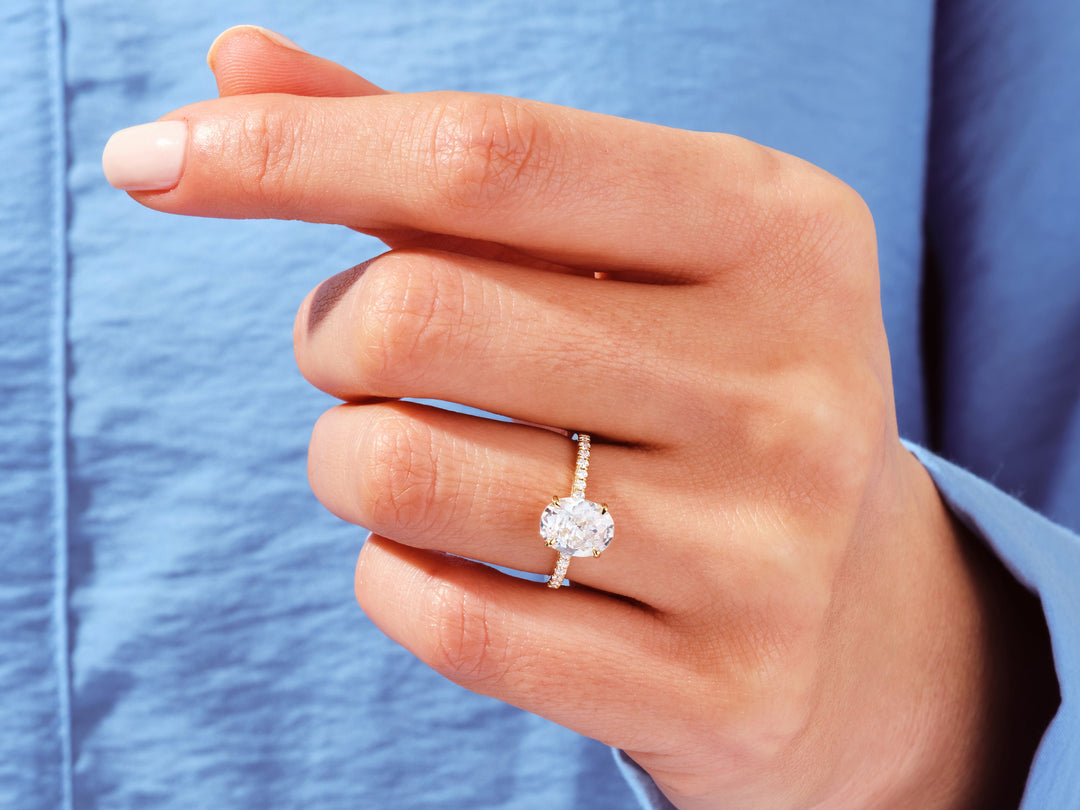 Cathedral Oval Cut Moissanite Engagement Ring With Pave Set Side Stones (2.00 Ct)