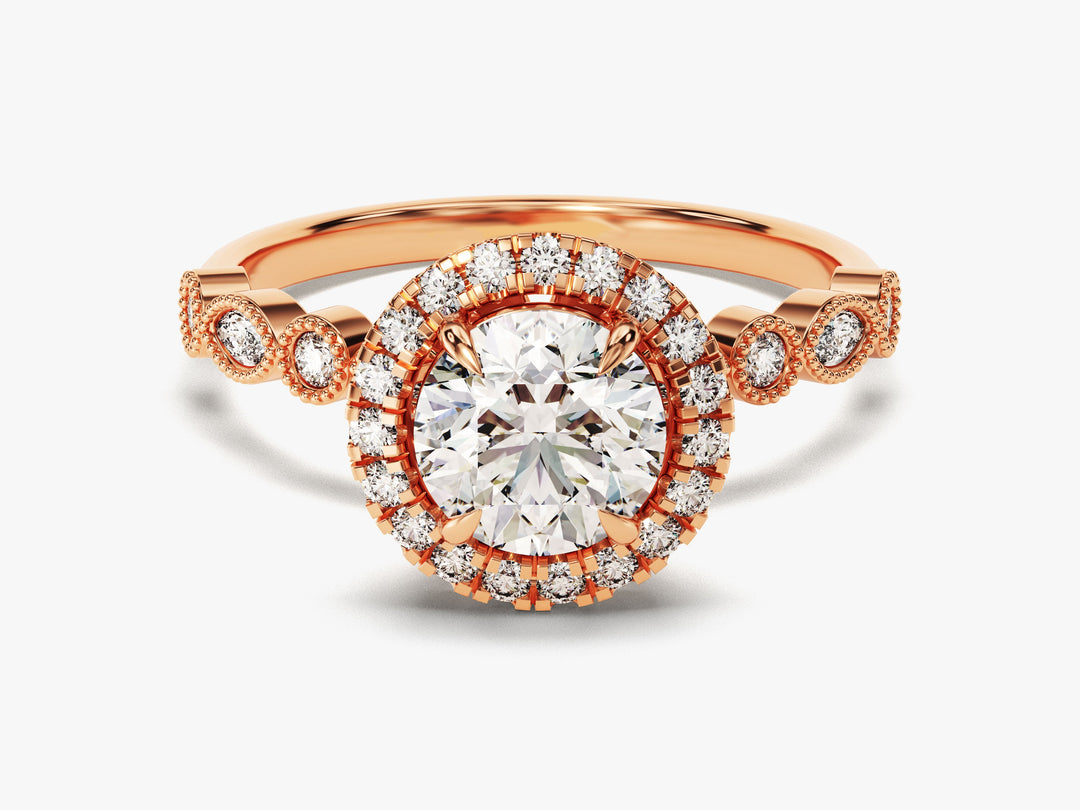 Round Halo With Marquise Sidestones Moissanite Engagement Ring (1.00 Ct)