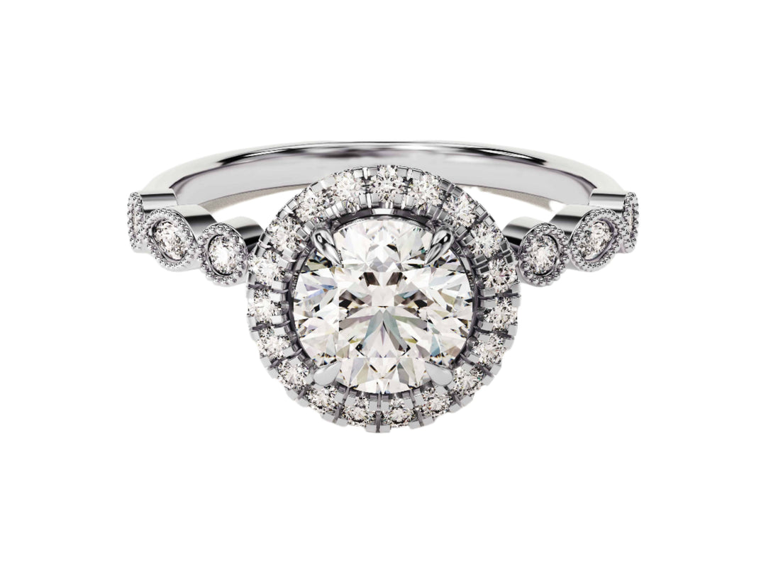 Round Halo With Marquise Sidestones Moissanite Engagement Ring (1.00 Ct)