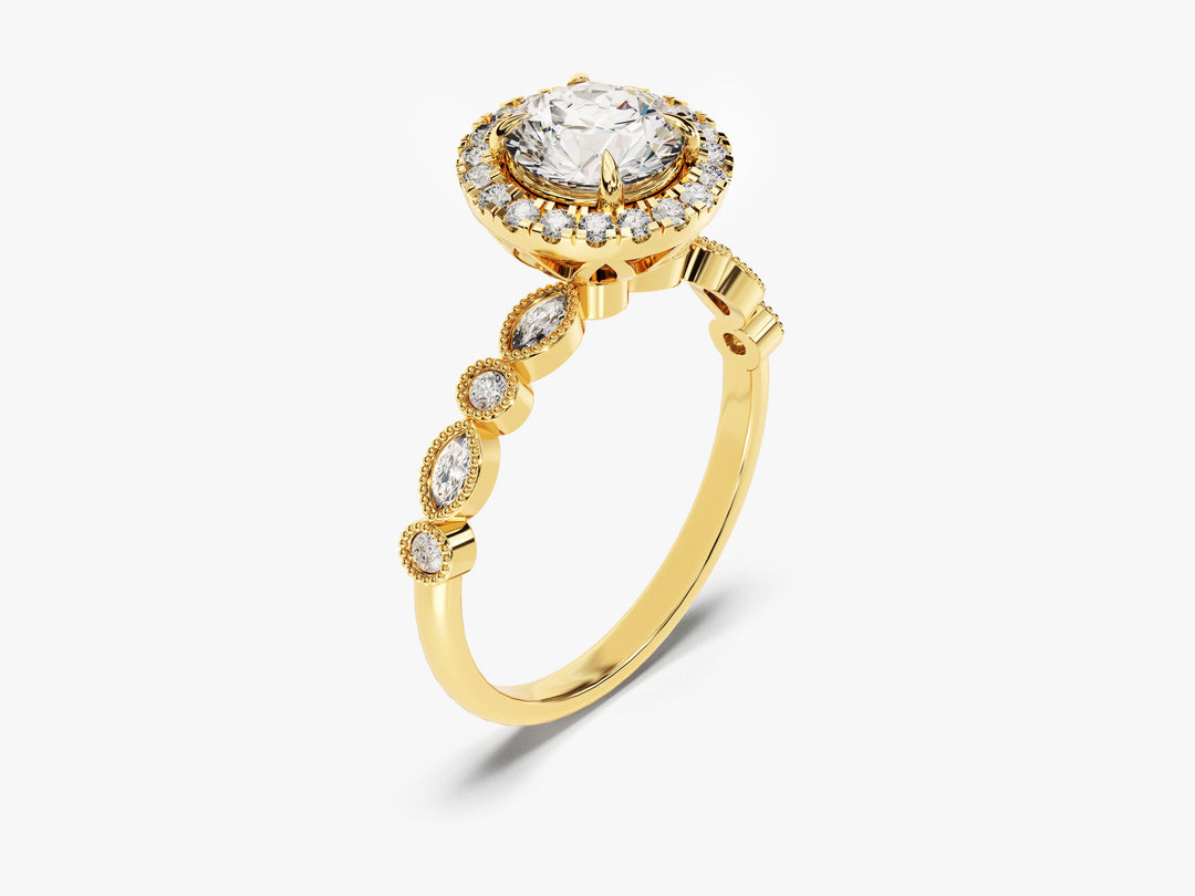 Round Halo With Marquise Sidestones Moissanite Engagement Ring (1.00 Ct)