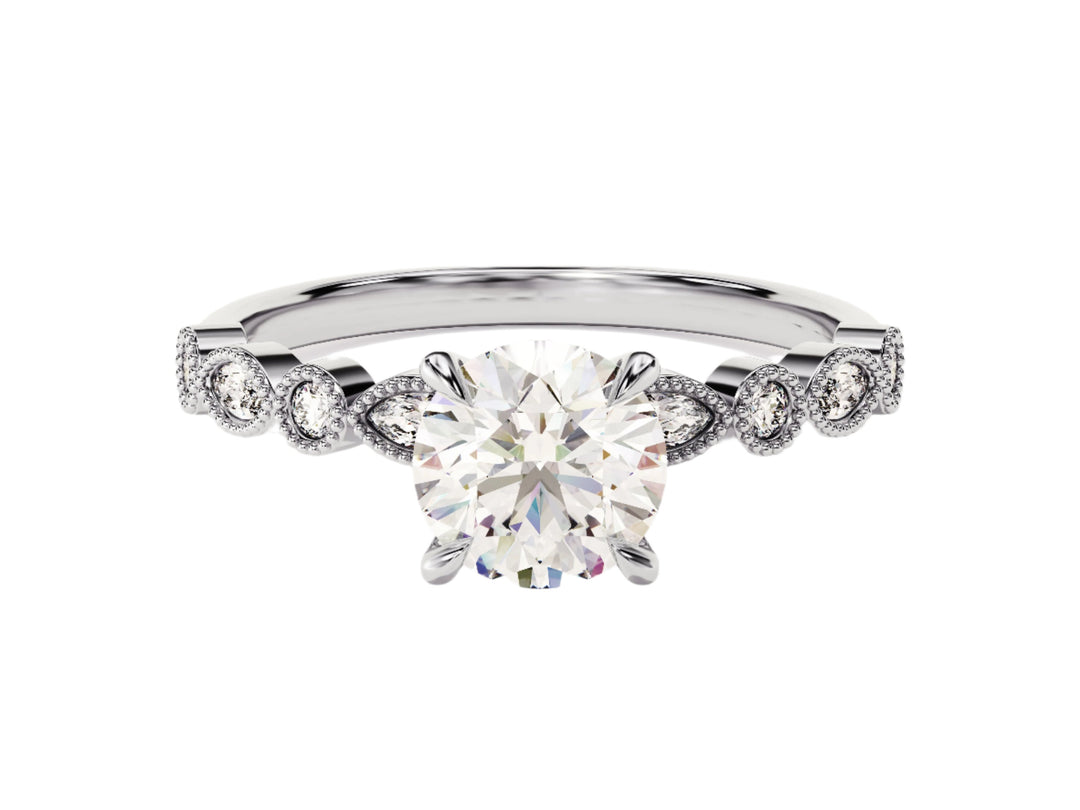 Milgrain Marquise And Round Sidestone Moissanite Engagement Ring (1.00 Ct)