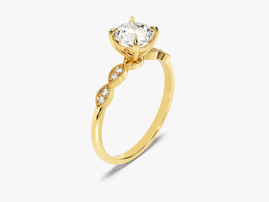 Round Cut Moissanite Engagement Ring With Milgrain Accented Double Round Sidestones (1.00 Ct)