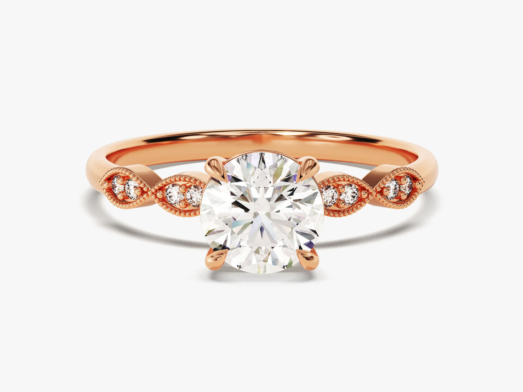 Round Cut Moissanite Engagement Ring With Milgrain Accented Double Round Sidestones (1.00 Ct)