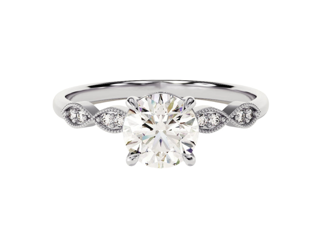 Round Cut Moissanite Engagement Ring With Milgrain Accented Double Round Sidestones (1.00 Ct)