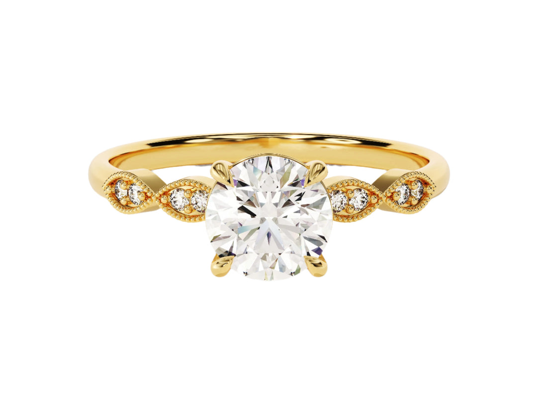 Round Cut Moissanite Engagement Ring With Milgrain Accented Double Round Sidestones (1.00 Ct)