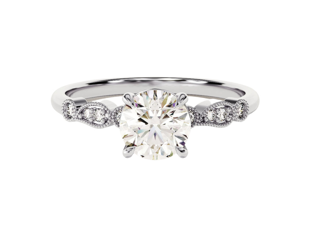 Round Cut Moissanite Engagement Ring With Wave Sidestones (1.00 Ct)