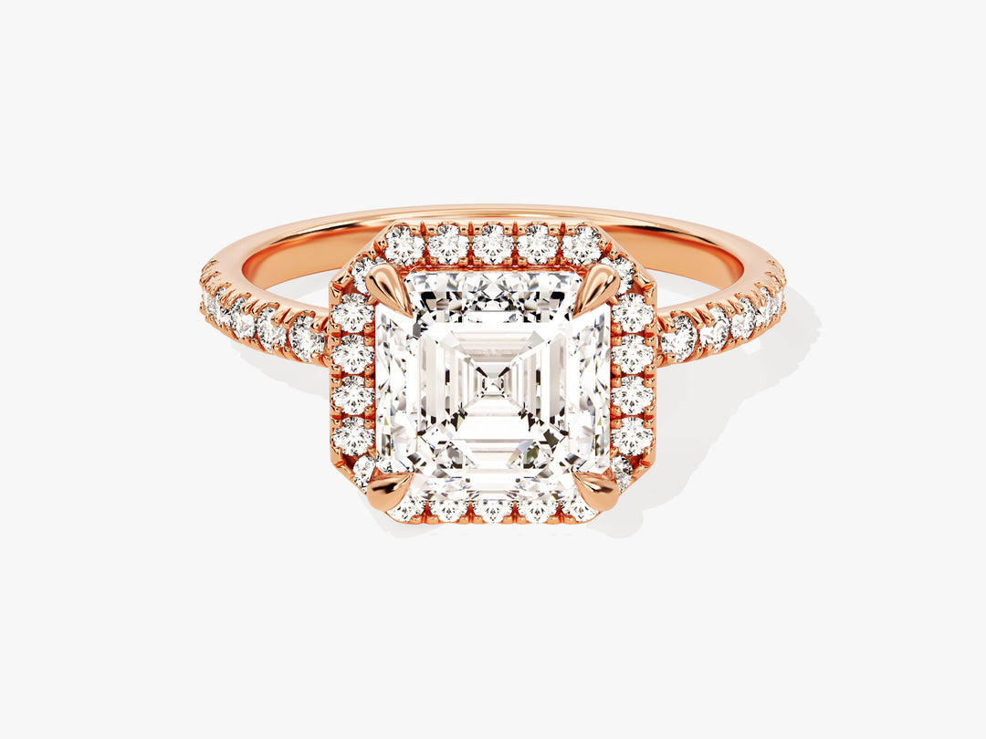 Asscher Halo Moissanite Engagement Ring With Pave Set Side Stones (2.00 Ct)