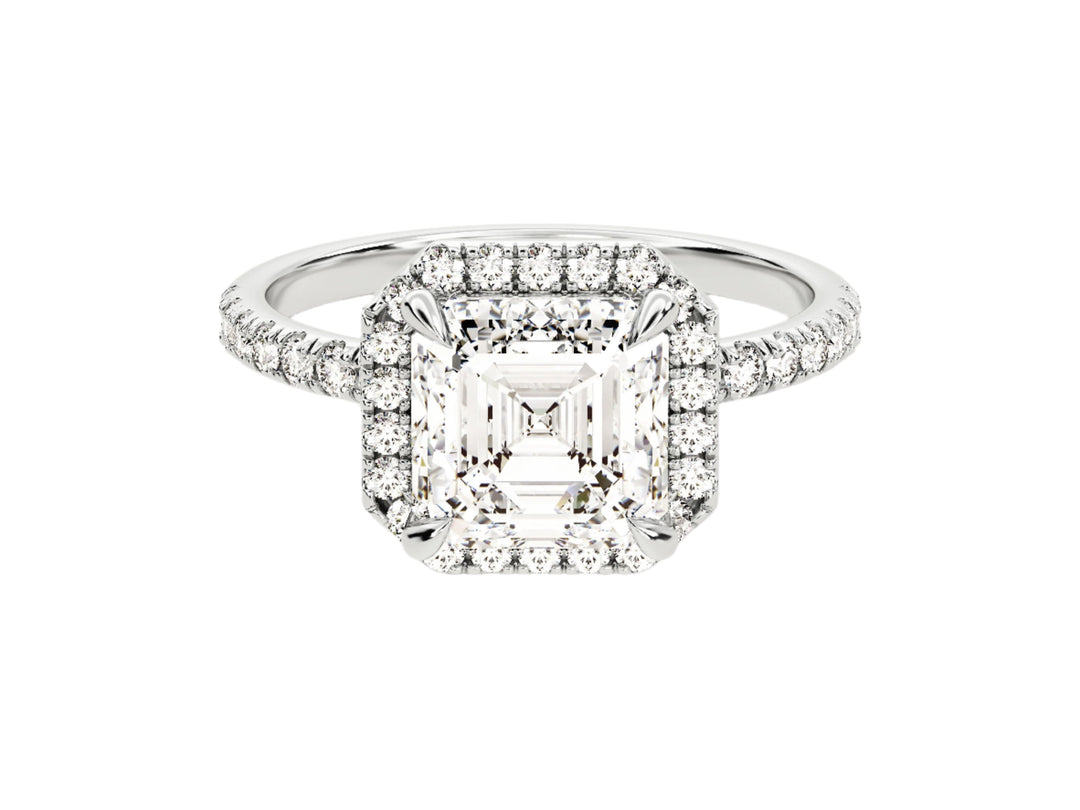 Asscher Halo Moissanite Engagement Ring With Pave Set Side Stones (2.00 Ct)