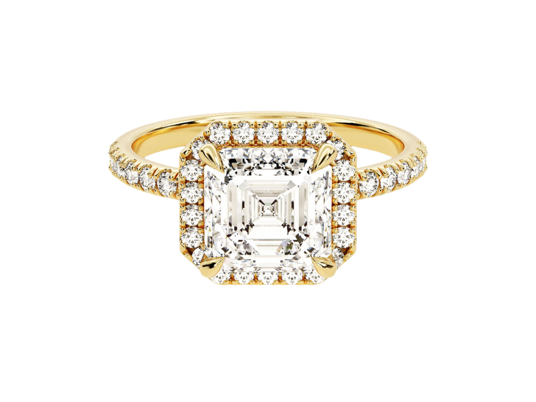 Asscher Halo Moissanite Engagement Ring With Pave Set Side Stones (2.00 Ct)