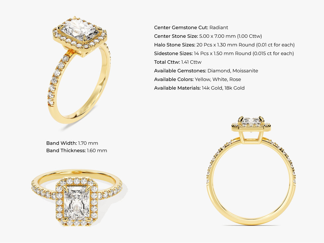 Radiant Halo Moissanite Engagement Ring With Pave Set Side Stones (1.00 Ct)
