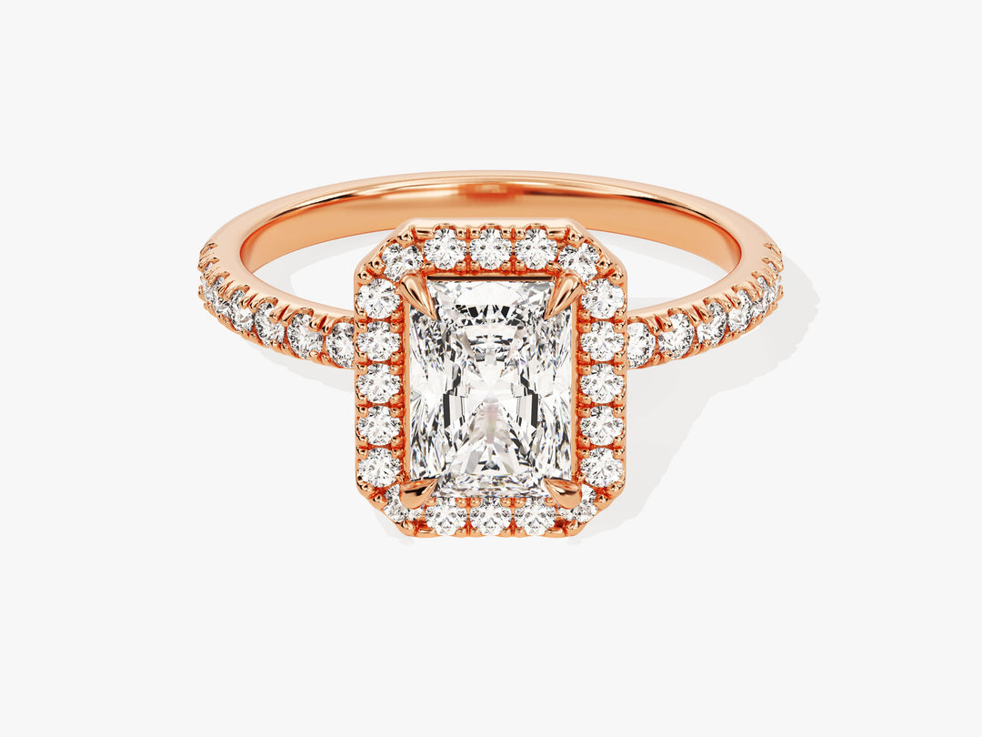Radiant Halo Moissanite Engagement Ring With Pave Set Side Stones (1.00 Ct)