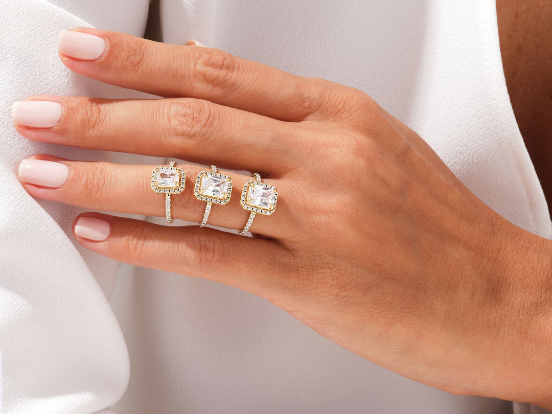 Radiant Halo Moissanite Engagement Ring With Pave Set Side Stones (1.00 Ct)