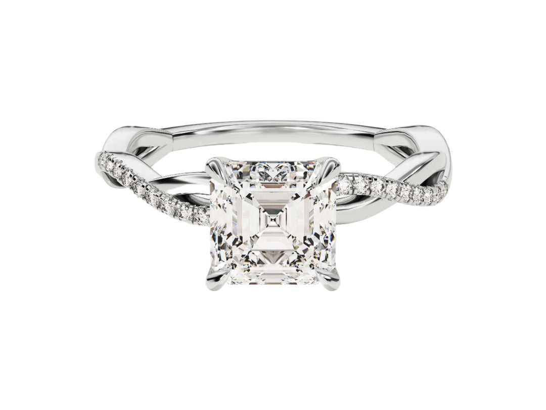 Asscher Twisted Moissanite Engagement Ring With Pave Set Side Stones (1.50 Ct)