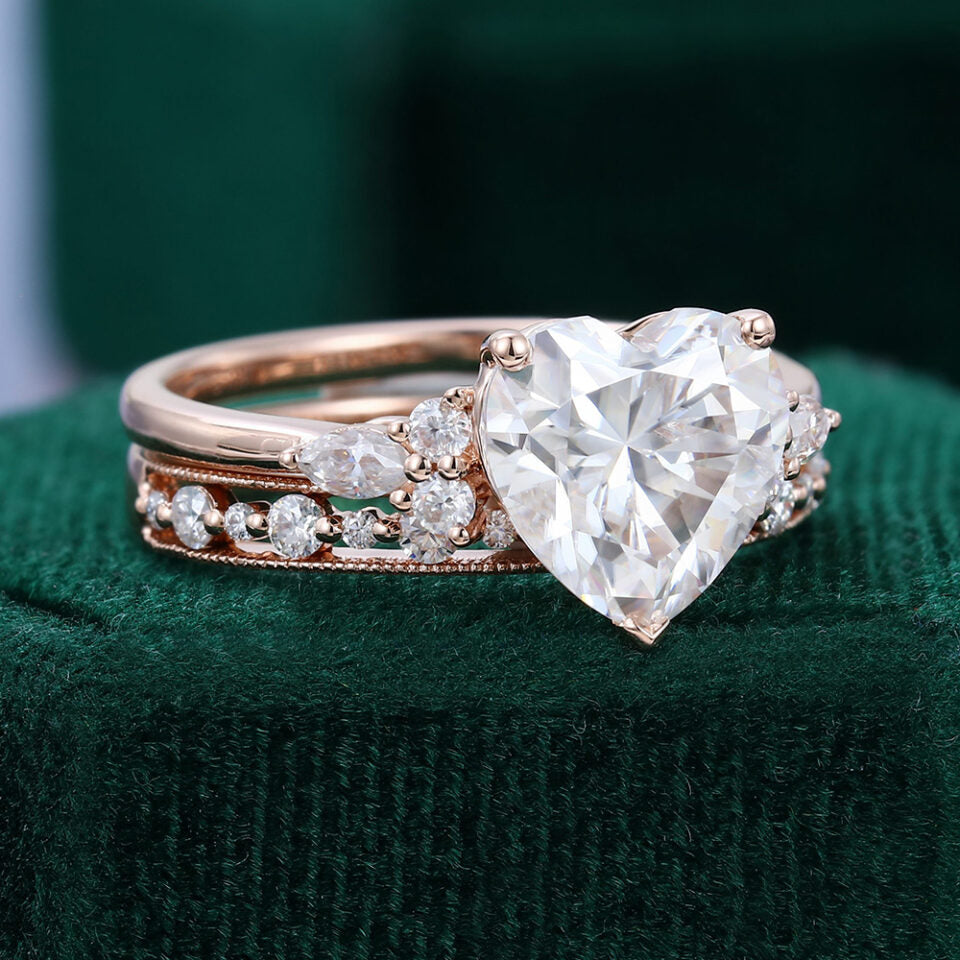 2CT Heart Shaped Moissanite Bridal Set Half Eternity Wedding Ring Set