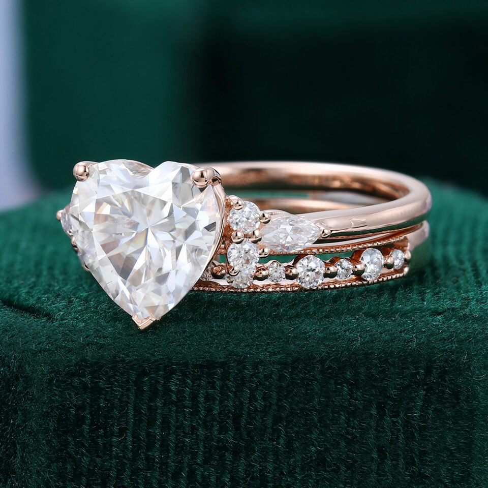2CT Heart Shaped Moissanite Bridal Set Half Eternity Wedding Ring Set