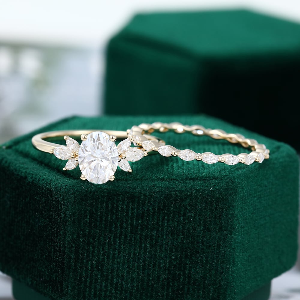Yellow Gold Oval Moissanite Wedding Set Full Eternity Bridal Ring