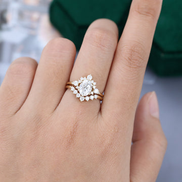 Yellow Gold Oval Moissanite Cluster Engagement Ring Set