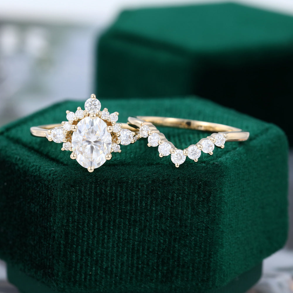 Yellow Gold Oval Moissanite Cluster Engagement Ring Set