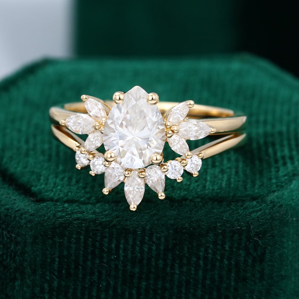 Yellow Gold Pear Shaped Moissanite Wedding Set