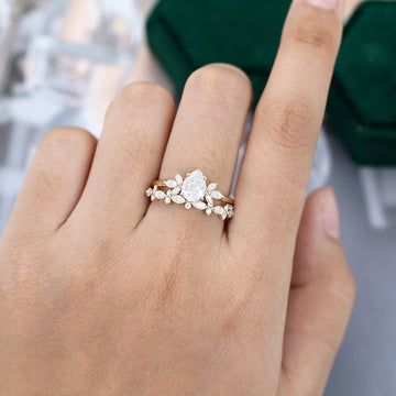 Unique Bridal Ring Set Pear Cut Moissanite Engagement Ring With Petal Band